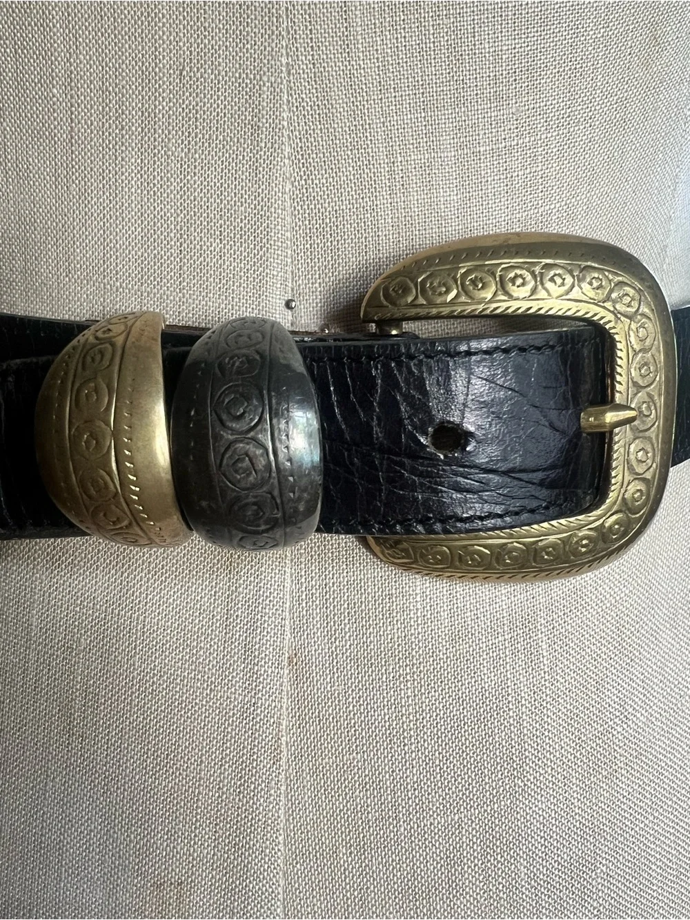 Black Leather Belt with Decorative Brass Buckle
